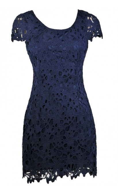 Navy Lace Pencil Dress, Cute Navy Dress, Navy Lace Capsleeve Pencil ...