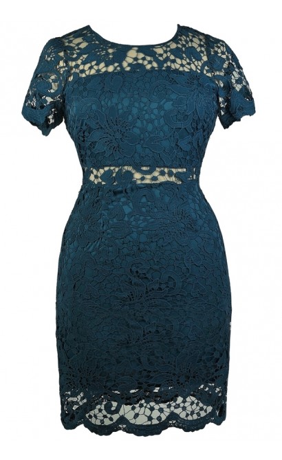 Cute Plus Size Dress, Plus Size Teal Lace Dress, Plus Size Lace Sheath ...