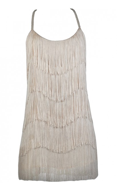 Beige Fringe Dress, Cute Party Dress, Roaring 20s Dress, Great Gatsby Dress