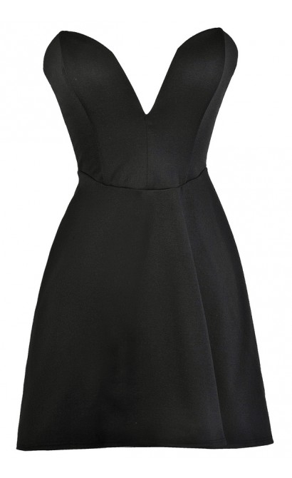 Little Black Dress Black Plunging Neckline Dress Black Strapless A Line Dress Black Party