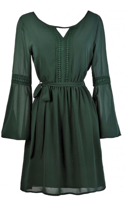 Forest Green Bell Sleeve Hippie Dress, Cute Fall Dress, Cute Boho Dress