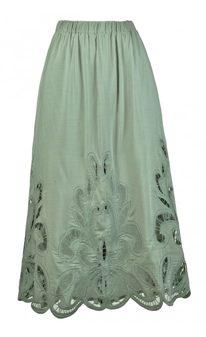 Sage Green Lasercut Midi Skirt, Sage Green Longer Length Skirt, Cute Sage Green Skirt