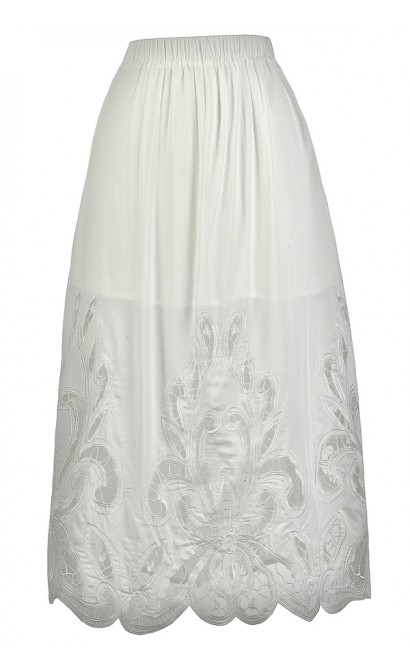 White Lasercut Midi Skirt, Cute White Skirt, Longer Length White Skirt