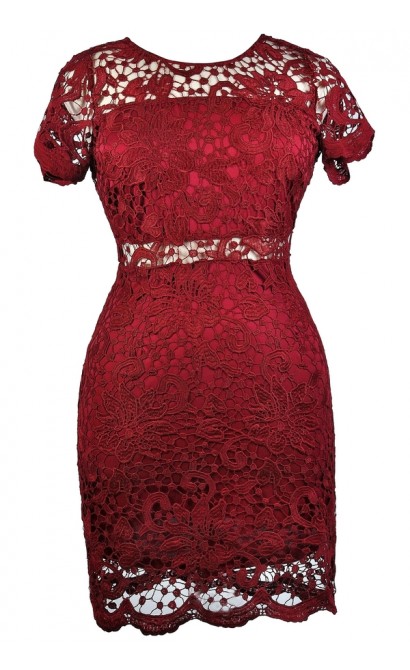 Cute Plus Size Dress, Red Plus Size lace Dress, Burgundy Lace Sheath Dress, Online Boutique Dress