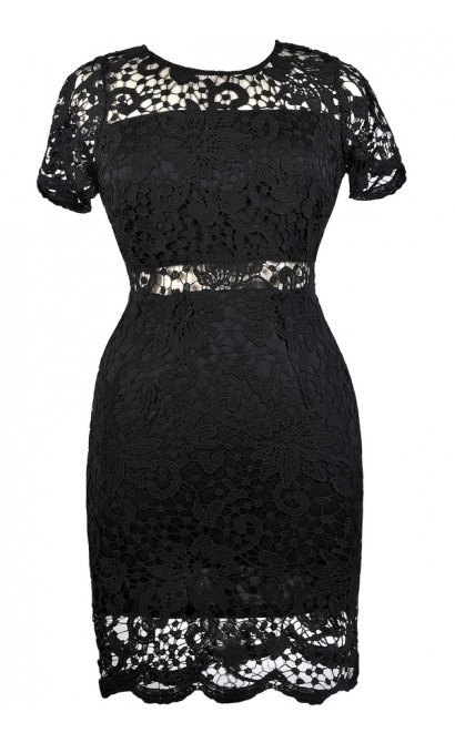 Cute Plus Size Dress, Black Lace Plus Size Dress, Black Lace Pencil ...