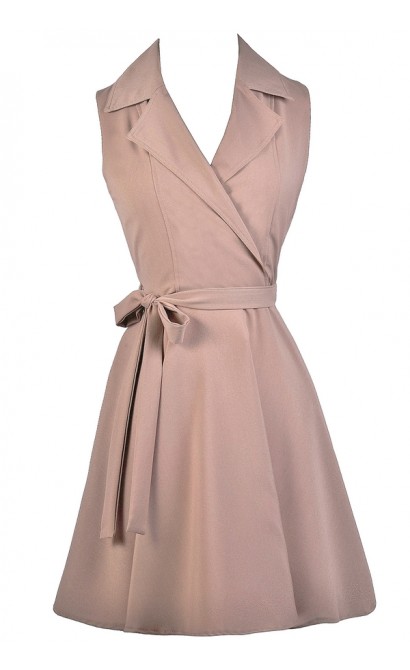 Cute Work Dress, Beige Shirt Wrap Dress, Cute Taupe Dress