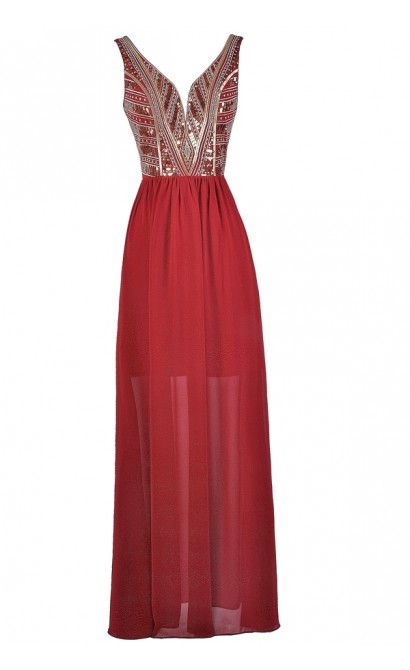 red and gold gown with sleeves