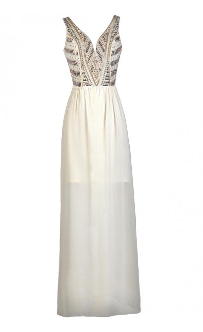 Ivory Embellished Maxi Dress, Ivory Prom Dress, Cute Maxi Dress, Ivory and Gold Maxi Dress