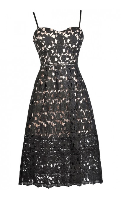 Black Lace Midi Dress, Black and Beige Lace Dress, Black Lace A-Line Dress