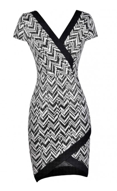 Cute Chevron Dress, Black and Ivory Chevron Dress, Crossover Hem Dress, Cute Party Dress