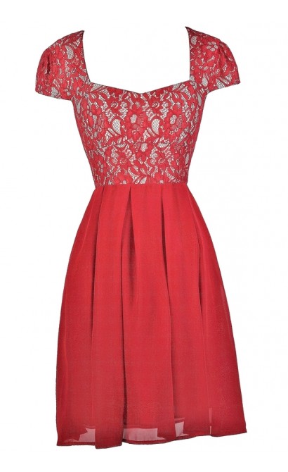 Red Lace Capsleeve Holiday Party Dress