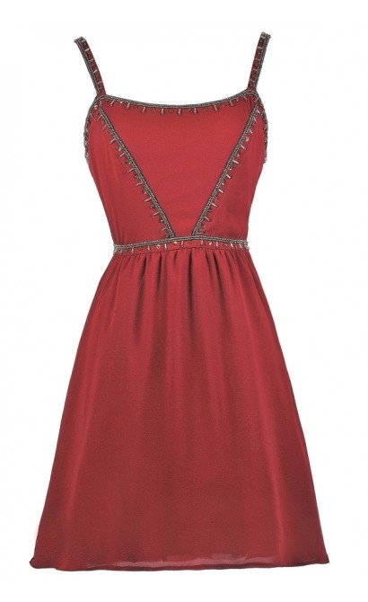 Burgundy Red Beaded Holiday Party Dress