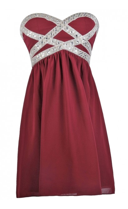 Burgundy Red Party Dress | Cute Red Embellished Holiday Dress | Lily ...