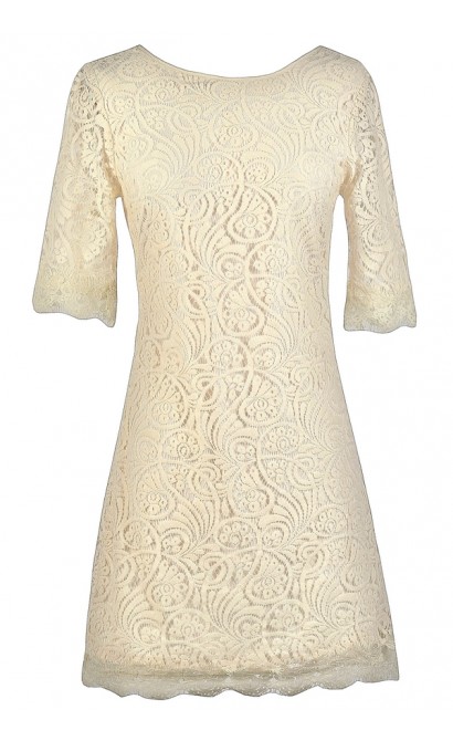 Beige Lace Sheath Dress, Rehearsal Dinner Dress, Bridal Shower Dress