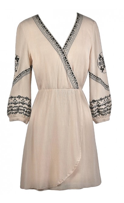 Beige and Black Embroidered Dress, Cute Summer Dress, Beige Wrap Dress