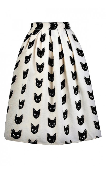 Black Cat Print Skirt, Cat Print A-Line Skirt, Beige and Black Printed Skirt