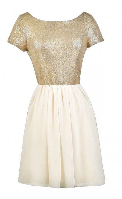 Beige and Gold Sequin Party Dress, Cute Cocktail Dress, Gold Sequin Party Dress