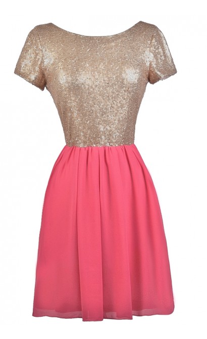 Hot Pink and Gold Sequin Party Dress, Cute Cocktail Dress, Cute Hot Pink Dress