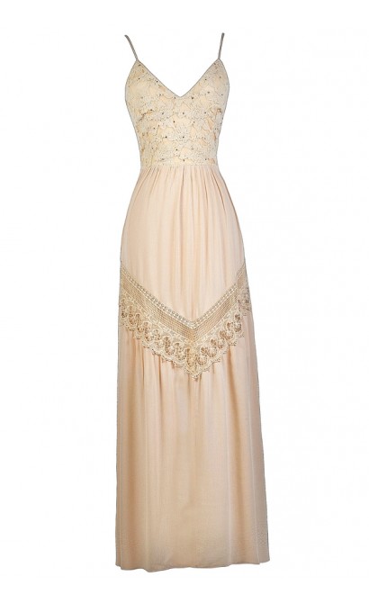 Beige Crochet Lace Maxi Dress, Cute Beige Dress, Beige Summer Dress