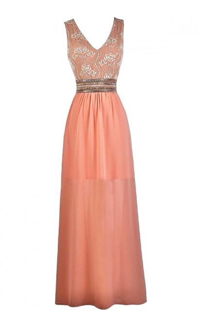 Peachy Pink Lace Maxi Dress, Pink Maxi Bridesmaid Dress