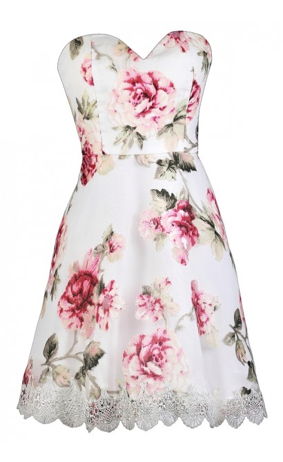 Pink Rose Print Strapless Dress, Cute Printed Dress, Printed Bridesmaid ...