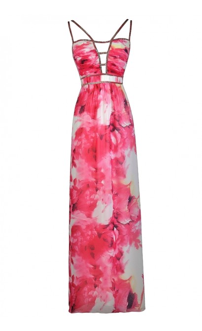 Pink Floral Print Maxi Dress, Cute Pink Maxi Dress, Pink Floral Prom ...