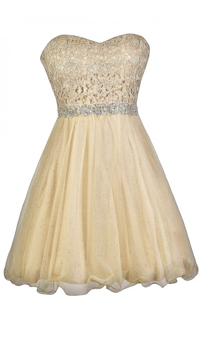 Gold Lace Embellished Holiday New Years Party Dress