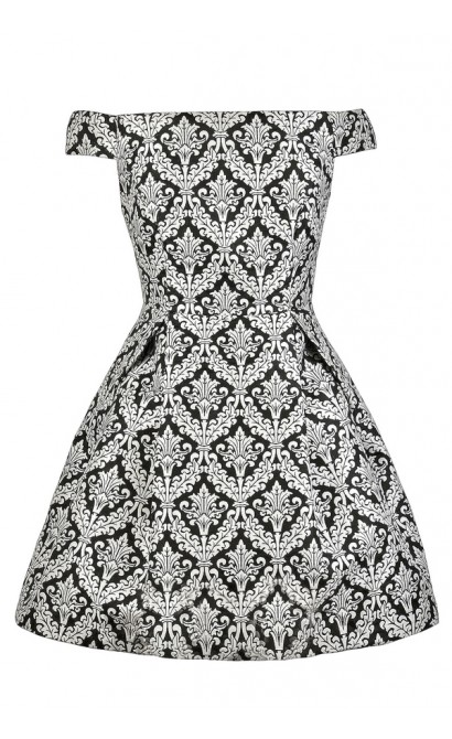 Off Shoulder A-Line Dress, Cute Printed Dress, Black and White Insignia Pattern Dress