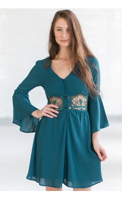 Cute Teal Green Bell Sleeve Fall Boho Festival Dress