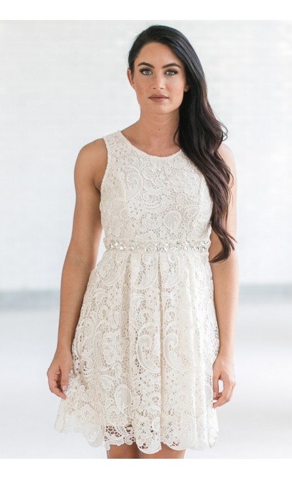 Love Story Rhinestone Lace A-Line Dress in Cream