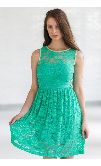 Sleeveless A-Line Lace Overlay Dress in Bright Green