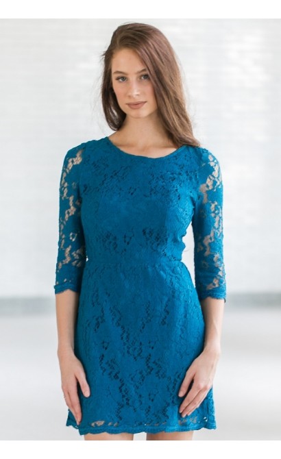 Turquoise Blue Lace Open Back Cocktail Party Dress