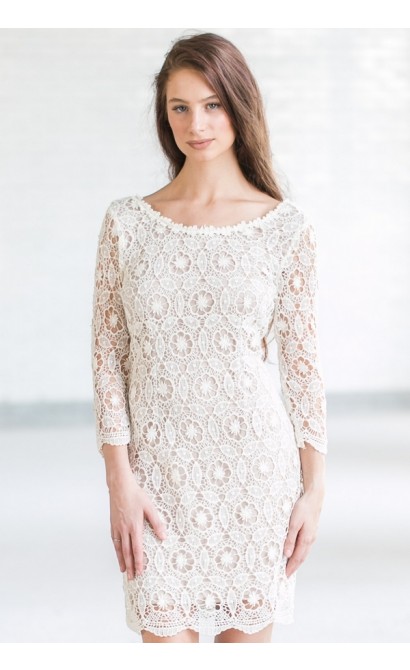 Cute Beige Lace Rehearsal Dinner Dress