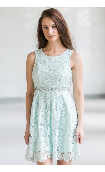 Love Story Rhinestone Lace A-Line Dress in Mint