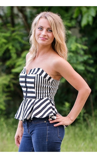 Black and Ivory Stripe Peplum Top, Strapless Peplum Top, Cute Top