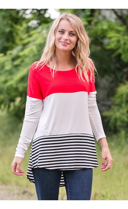 Cute Red Colorblock Top, Game Day Red Top, Casual Top