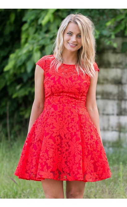 Red Lace Capsleeve A-Line Dress, Cute Summer Dress, Red Party Dress