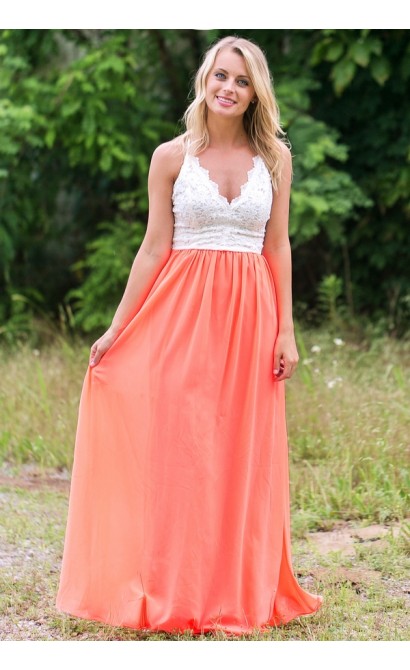 Neon Coral and Lace Maxi Dress, Cute Summer Maxi Dress