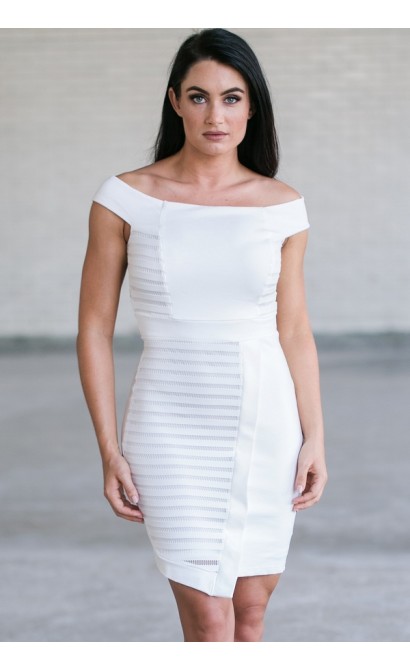 Ivory Off Shoulder Bodycon Dress, Cute Ivory Pencil Dress, Asymmetrical Hemline Dress