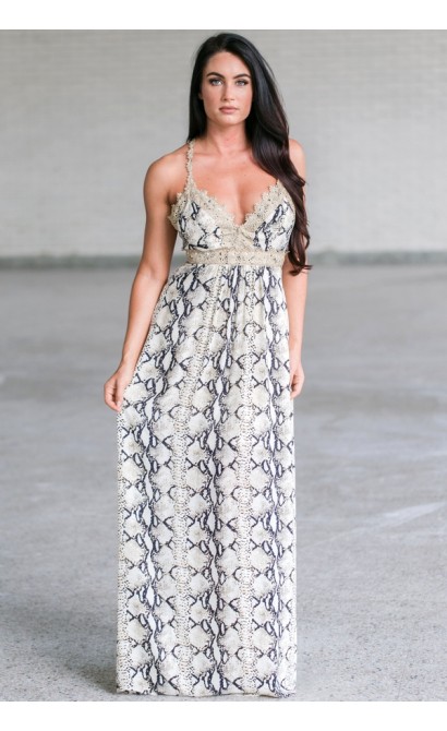 Cute Snakeskin Maxi Dress, Animal Print Maxi Dress, Navy and Gold Printed Maxi