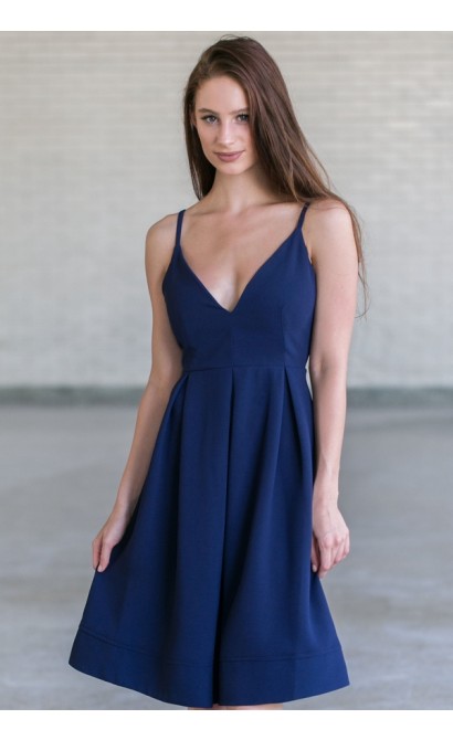 Cute Navy A-Line Midi Dress, Navy Online Boutique Dress, Cute Navy Summer Dress