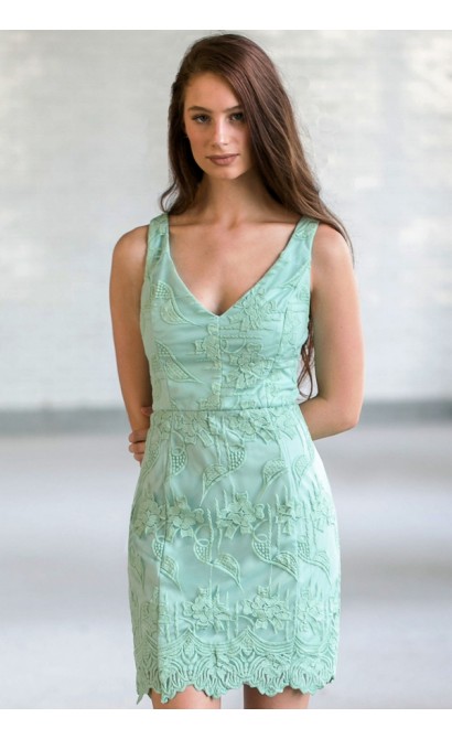 Sage Green Embroidered Sheath Dress, Cute Online Boutique Green Dress, Sage Green Bridesmaid Dress