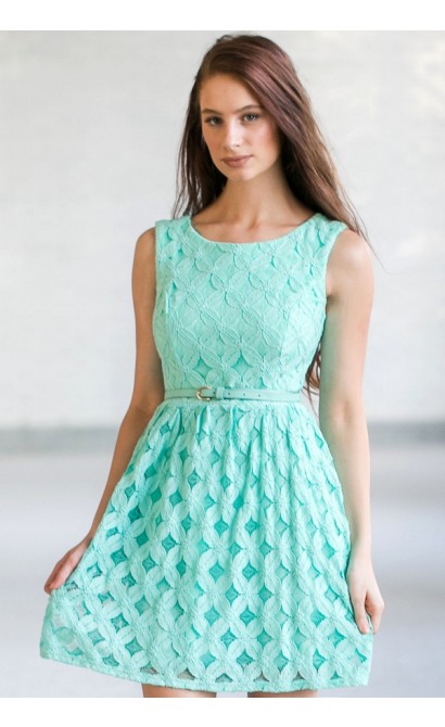 Aqua Mint Lace A-Line Dress, Belted Mint Lace Dress, Cute Summer Dress, Mint Sundress, Boutique Dress