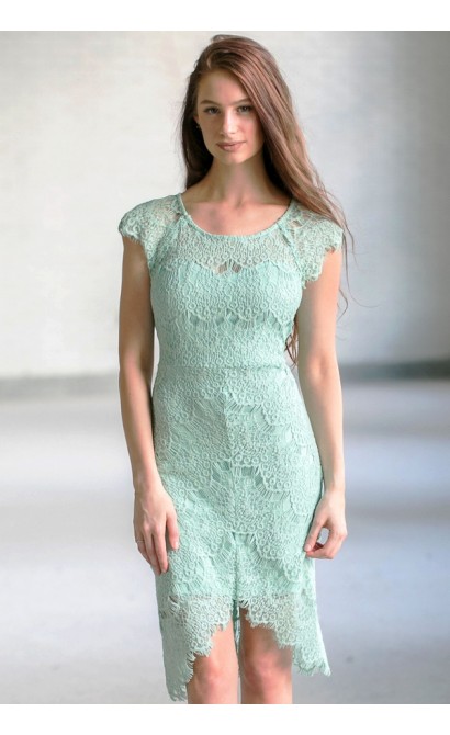 Cute Lace Dress Online, Sage Green Lace Sheath Dress, Light Green Lace High Low Sheath Dress