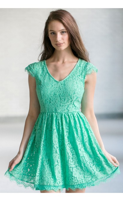 Green Capsleeve Lace A-Line Dress, Cute Green Online Boutique Lace Dress, Lace Party Dress