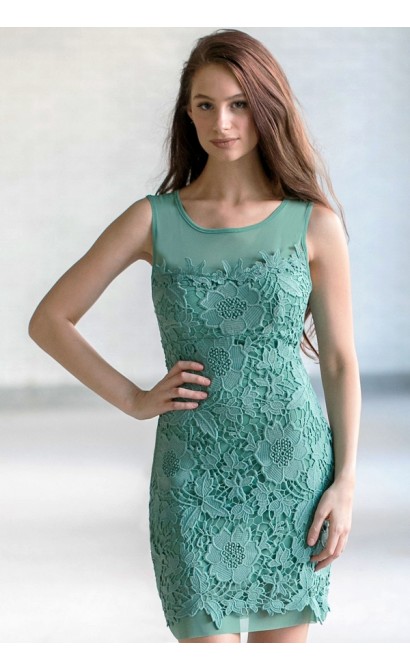 Sage Green Lace Sheath Dress, Cute Sage Green Party Dress, Sage Green Lace Bridesmaid Dress