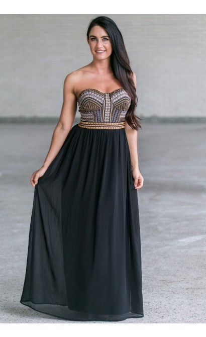 Black Strapless Embroidered Maxi Formal Dress