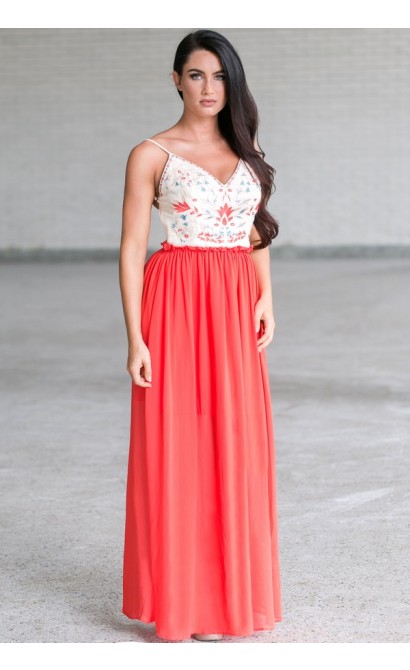 Coral Red Embroidered Maxi Dress, Cute Summer Maxi Dress, Open Back ...