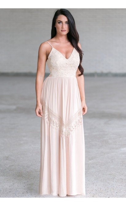 Prairie Fairy Open Back Lace Maxi Dress in Cream/Beige