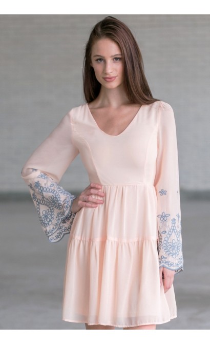 Angelic Hippie Embroidered Bell Sleeve Dress in Baby Peach